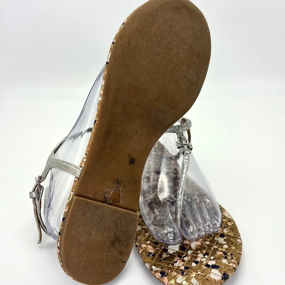 Tory Burch Marion Confetti Women's 10.5 Silver Metallic Leather T-Strap Sandals